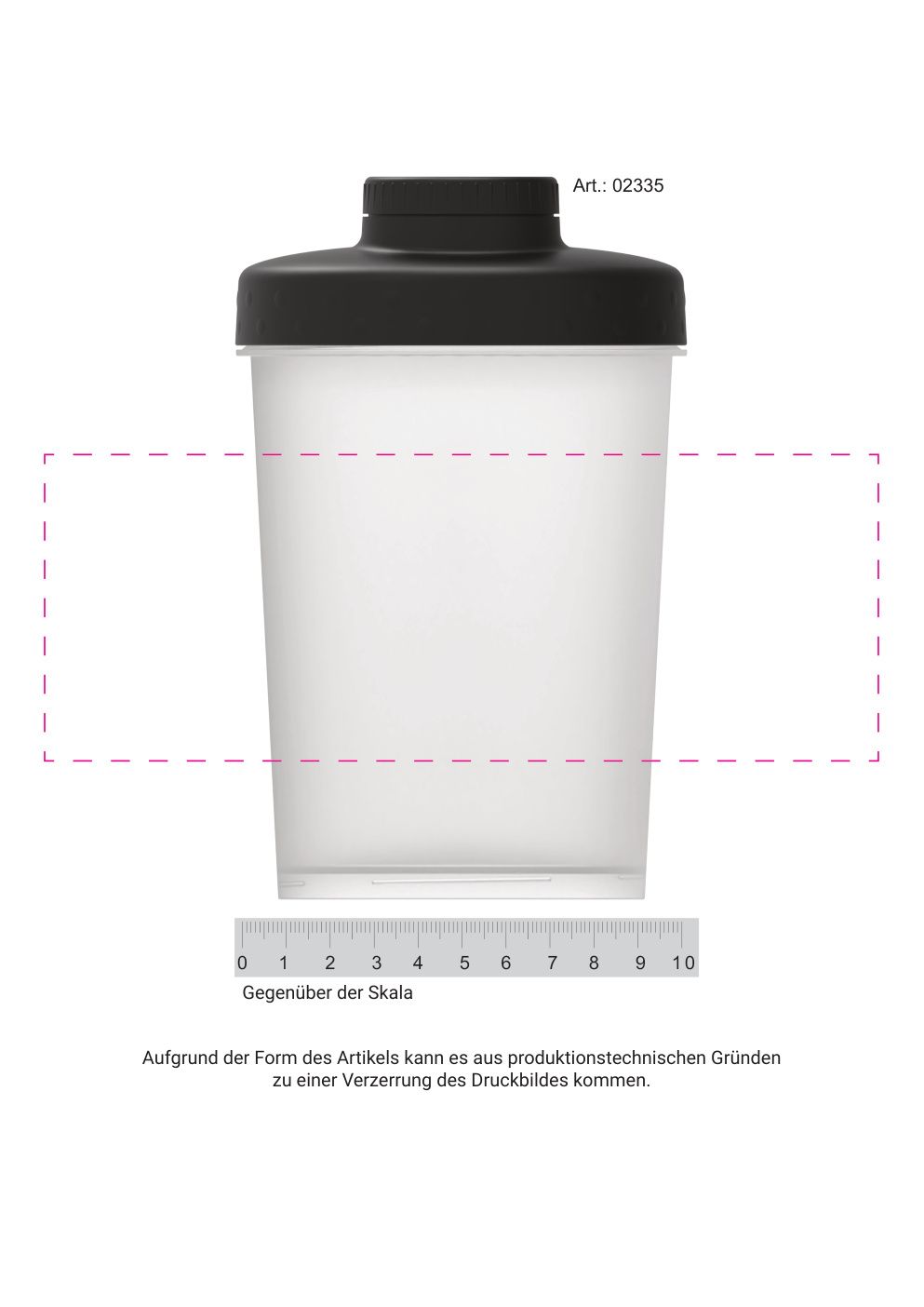 Standskizze: Druckposition „mittig seitlich gegenüber Skala (max. 190×70 mm)“ – Fitness-Shaker Energy 400 ml – transparent mit Sieb und Skala