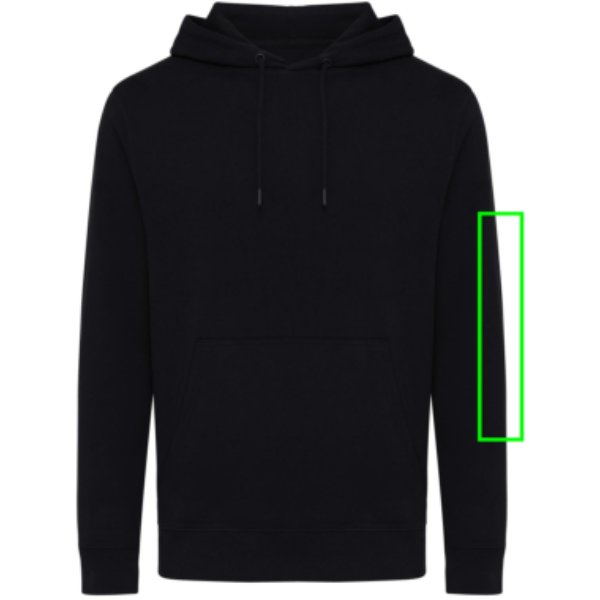 Standskizze: Druckverfahren Siebdruck Textil auf Position „Ärmel links“ – iqoniq Rila Hoodie aus 30 % recycelter und 70 % Bio-Baumwolle, bedruckbar