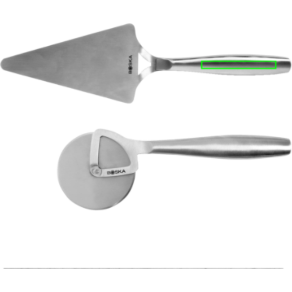 Standskizze: Druckverfahren Lasergravur auf Position „Griff (max. 60 x 7 mm)“ – BOSKA Pizza-Set Copenhagen, Edelstahl mit Lasergravur