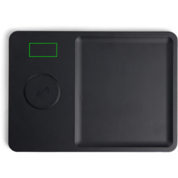 Standskizze: Druckverfahren PU-Etikett Brendon auf Position „Artikel linke Seite oben (max. 60 x 30 mm)“ – VINGA Timo Wireless Charger 15W mit Ablage aus recyceltem ABS