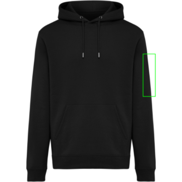 Standskizze: Druckverfahren Siebdruck Textil auf Position „Ärmel links“ – IQONIQ Joshua Hoodie 340 g/m² aus Bio- und recycelter Baumwolle – mit Logo bestickbar und bedruckbar