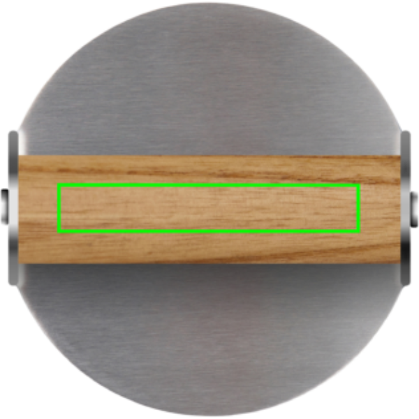 Standskizze: Druckverfahren CO2 Gravur auf Position „Artikel oben (max. 90 x 15 mm)“ – VINGA Paso Smash Burgerpresse – Edelstahl mit FSC-Holzgriff