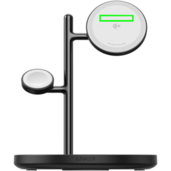 Standskizze: Druckverfahren Tampondruck auf Position „Artikel Vorderseite oben (max. 25 x 5 mm)“ – Anker MagGo kabellose 3-in-1 Ladestation Qi2 mit Logo-Tampondruck