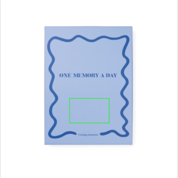 Standskizze: Druckverfahren Heißprägung auf Position „Box“ – VINGA „One Memory a Day” Journal A5 aus 83 % GRS-Recyclingpapier mit Logo-Veredelung