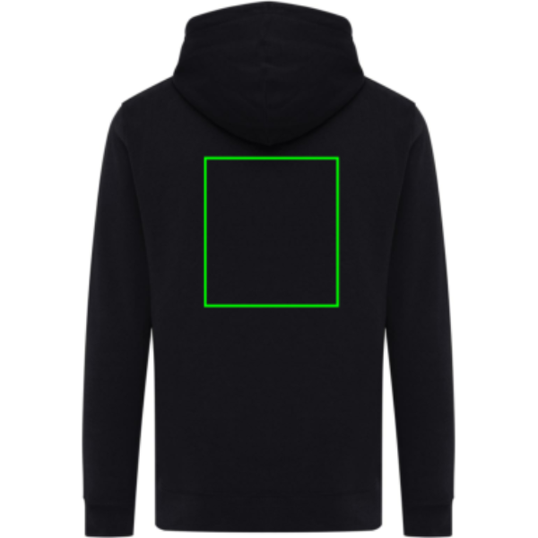 Standskizze: Druckverfahren Siebdruck Transfer auf Position „Artikel Rückseite“ – iqoniq Rila Hoodie aus 30 % recycelter und 70 % Bio-Baumwolle, bedruckbar