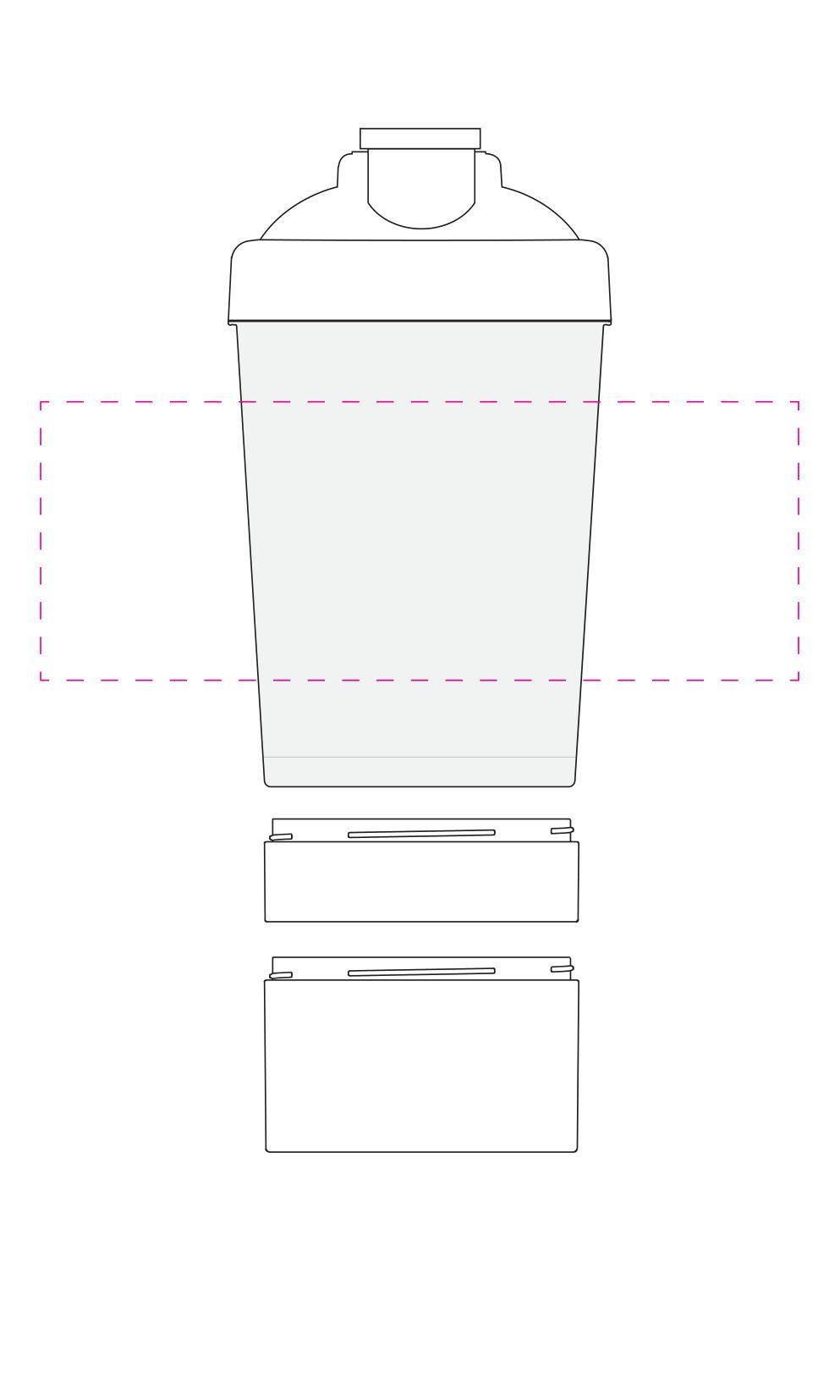 Standskizze: Druckposition „mittig seitlich gegenüber Skala (max. 190×70 mm)“ – Protein-Shaker Pro 2+ 400 ml – modular mit Sieb und zwei Zusatzkammern