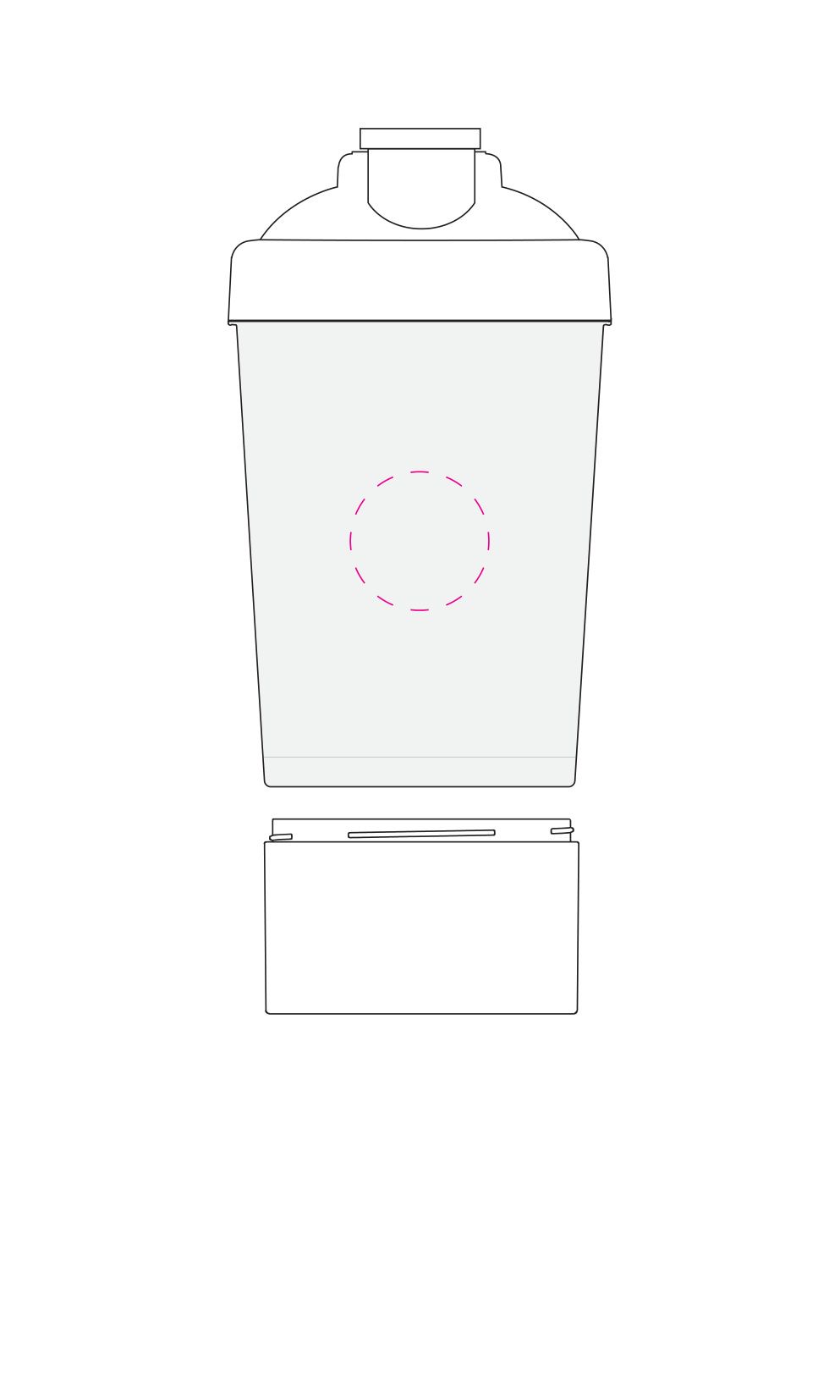 Standskizze: Druckposition „mittig gegenüber Skala (max. Ø 35 mm)“ – Protein-Shaker Pro 1, 0,4 l – mit Pulverfach und Sieb