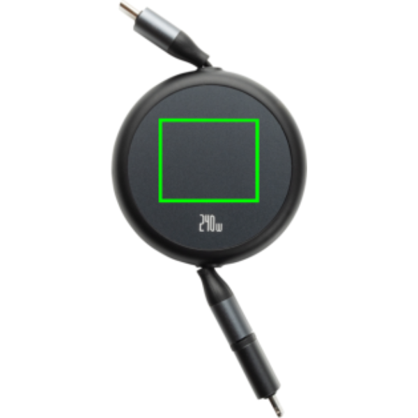 Standskizze: Druckverfahren Tampondruck auf Position „Artikel Vorderseite (max. 30 x 25 mm)“ – Terra 240W 2-in-1 Ladekabel ausziehbar aus RCS-recyceltem Aluminium mit Logo bedrucken