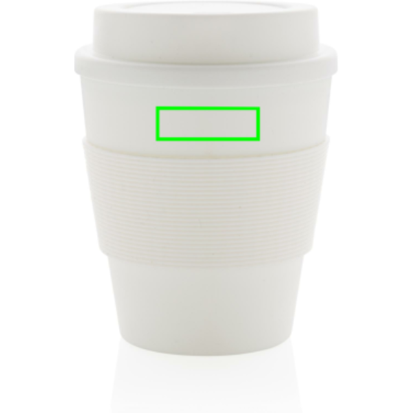 Standskizze: Druckverfahren Tampondruck auf Position „Artikel Rückseite oben (max. 30 x 10 mm)“ – XD Collection wiederverwendbarer Coffee-to-go Becher 350 ml mit Silikon-Sleeve