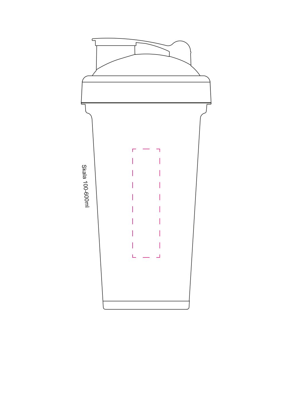 Standskizze: Druckposition „seitlich auf Shaker - rechts (max. 20×80 mm)“ – Protein-Shaker 600 ml – transparent mit Sieb und Skala