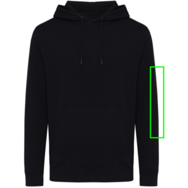 Standskizze: Druckverfahren Siebdruck Transfer auf Position „Ärmel links“ – iqoniq Rila Hoodie aus 30 % recycelter und 70 % Bio-Baumwolle, bedruckbar