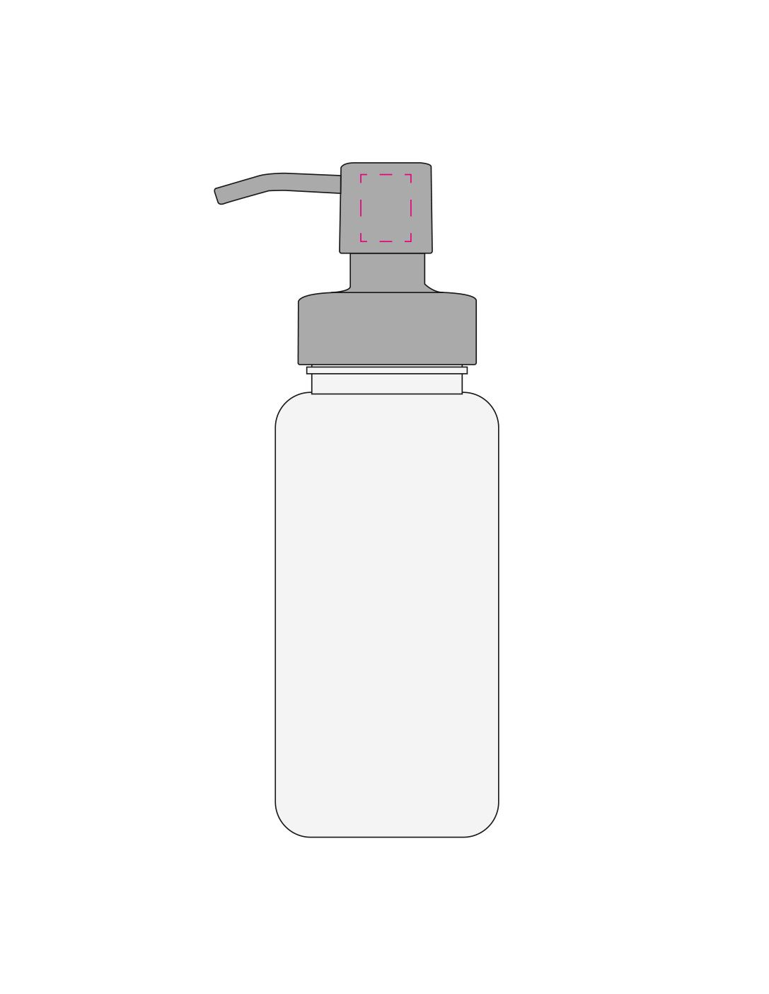 Standskizze: Druckposition „seitlich auf Drücker (max. 15×20 mm)“ – Seifenspender Superior 400 ml – Tritan-Gefäß mit Edelstahl-Pumpe