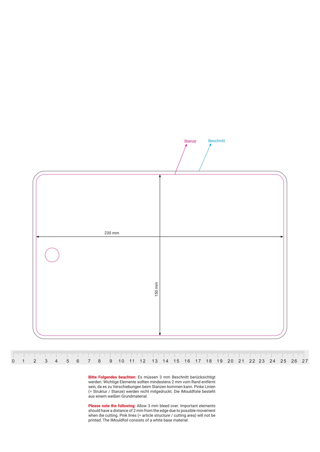 Standskizze: Druckposition „mittig (max. 156×236 mm)“ – Schneidbrett Snack – Kunststoff 227 × 147 mm mit Aufhängeloch