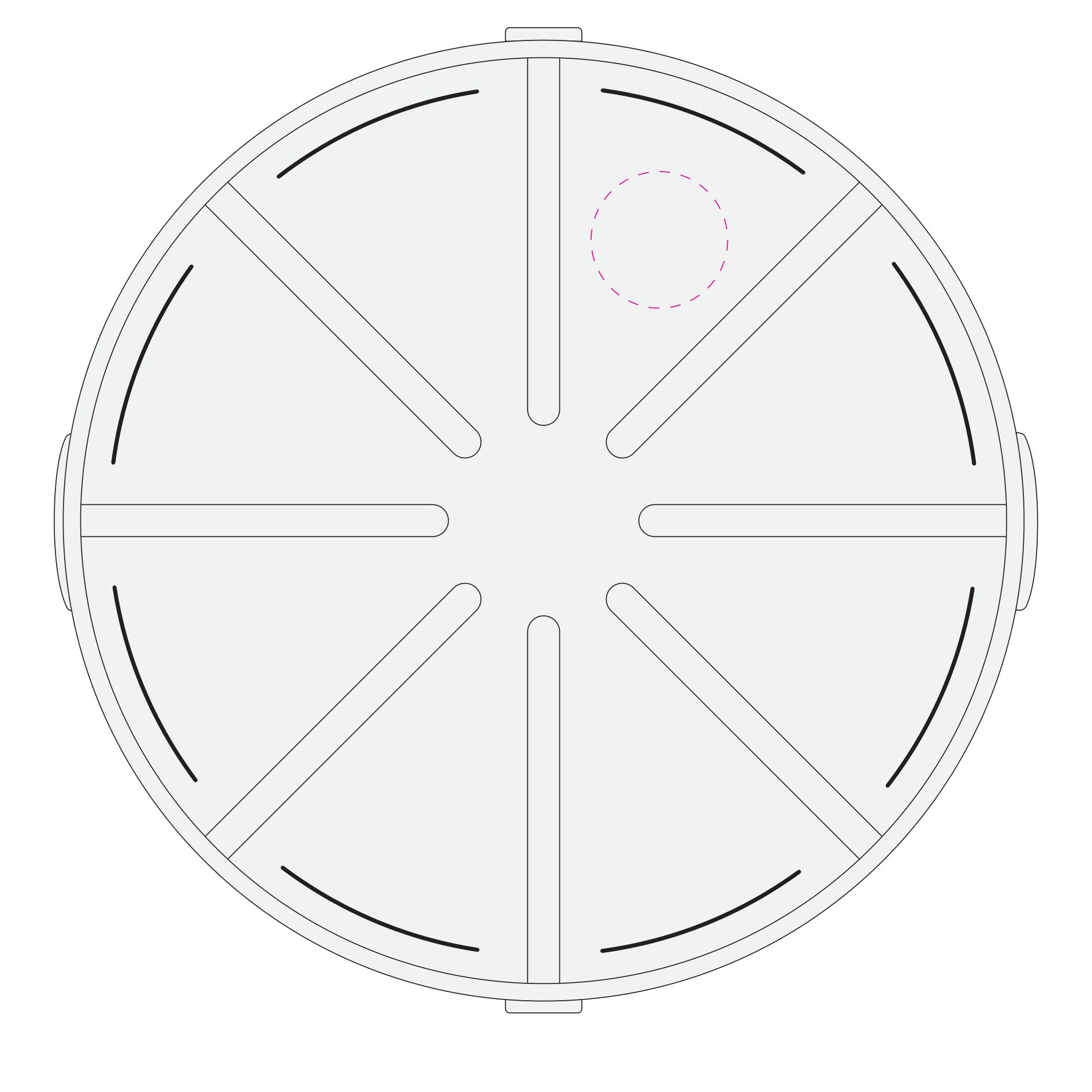 Standskizze: Druckposition „außen mittig auf ein Segment (max. Ø 50 mm)“ – Pizzabox ToGo Ø358 mm – Mehrweg-Alternative aus Kunststoff