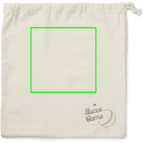 Standskizze: Druckverfahren Digital Transfer auf Position „Hülle (max. 150 x 120 mm)“ – VINGA Boccia Spiel aus FSC-Kiefernholz mit Logodruck