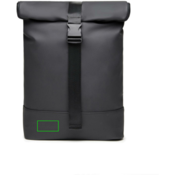 Standskizze: Druckverfahren PU-Etikett Baltimore schwarz auf Position „Artikel linke Seite unten“ – VINGA Baltimore Fahrradtasche mit 17-Zoll-Laptopfach, wandelbar zum Rucksack