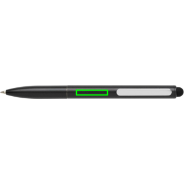 Standskizze: Druckverfahren Tampondruck auf Position „vor dem Clip“ – Kymi Kugelschreiber mit Stylus aus RCS-recyceltem Aluminium, bedruckbar