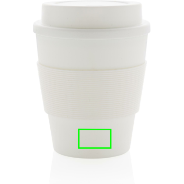 Standskizze: Druckverfahren Tampondruck auf Position „Artikel Rückseite unten (max. 25 x 15 mm)“ – XD Collection wiederverwendbarer Coffee-to-go Becher 350 ml mit Silikon-Sleeve