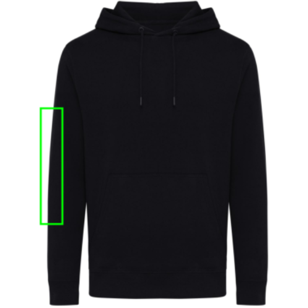 Standskizze: Druckverfahren Siebdruck Transfer auf Position „Ärmel rechts“ – iqoniq Rila Hoodie aus 30 % recycelter und 70 % Bio-Baumwolle, bedruckbar