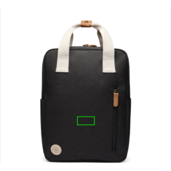 Standskizze: Druckverfahren PU-Etikett Sortino auf Position „Artikel Vorderseite“ – VINGA Sortino RCS Rucksack aus recyceltem Polyester – mit Logo bedruckbar