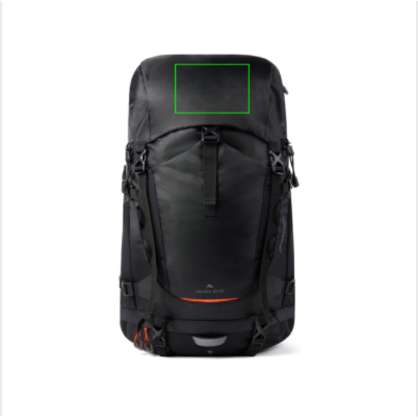 Standskizze: Druckverfahren Siebdruck Transfer auf Position „Artikel oben (max. 120 x 80 mm)“ – Nordic Drift Trail RCS Rucksack 33L — recycelt, bedruckbar