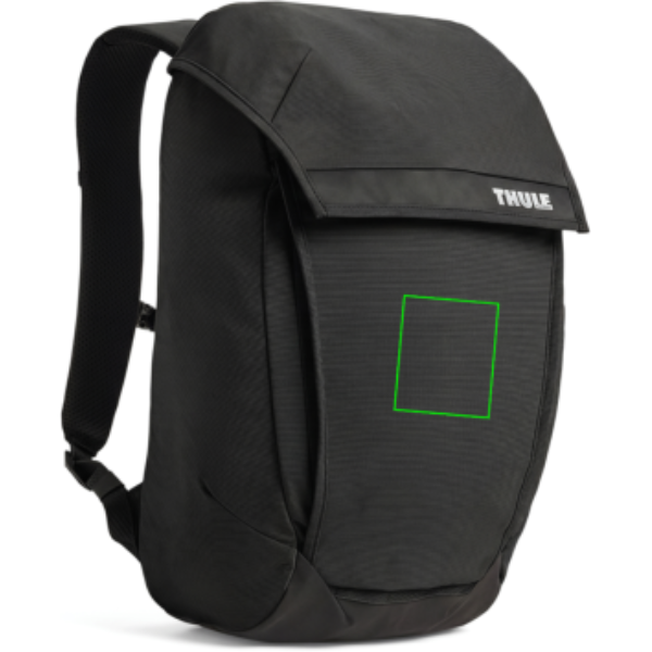 Standskizze: Druckverfahren Siebdruck Transfer auf Position „Artikel Vorderseite (max. 100 x 120 mm)“ – Thule Paramount Rucksack 20L mit 16-Zoll-Laptopfach, bedruckbar