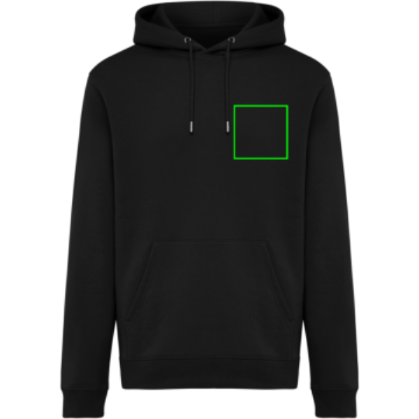 Standskizze: Druckverfahren Digital Transfer auf Position „linke Brustseite“ – IQONIQ Joshua Hoodie 340 g/m² aus Bio- und recycelter Baumwolle – mit Logo bestickbar und bedruckbar