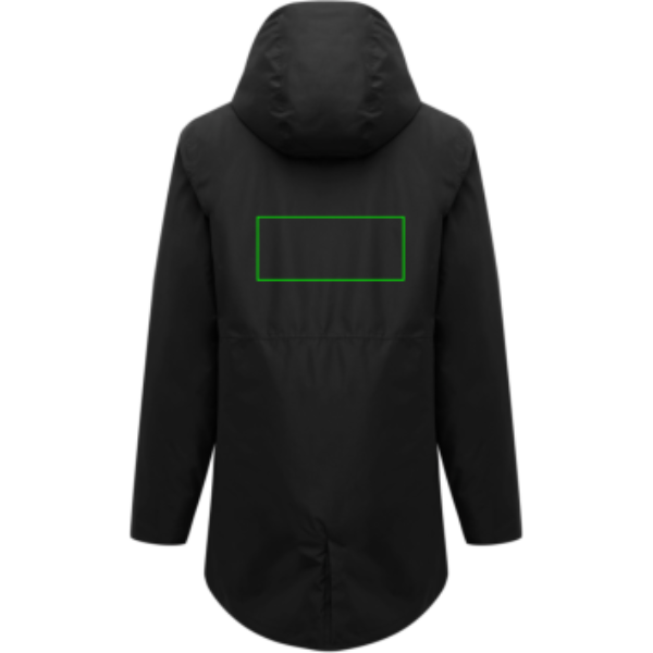 Standskizze: Druckverfahren Digital Transfer auf Position „Artikel Rückseite oben“ – IQONIQ Thelon Parka aus 100% recyceltem Polyester (GRS) – bedruckbar & bestickbar