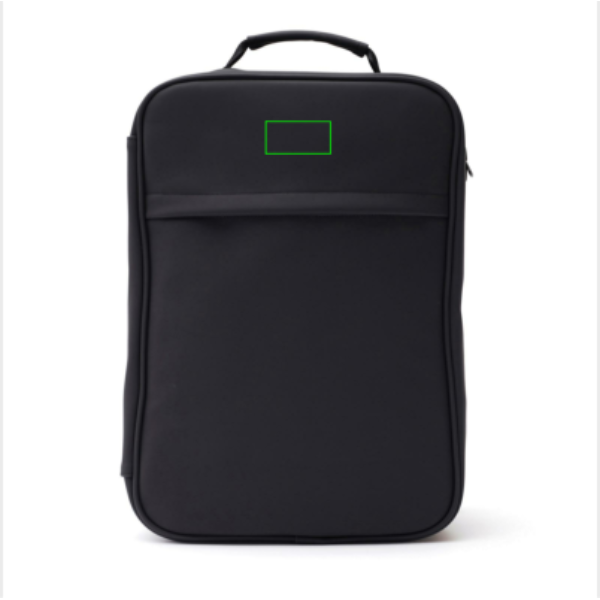 Standskizze: Druckverfahren PU-Etikett Baltimore schwarz auf Position „Artikel Vorderseite oben“ – VINGA Baltimore Travel Rucksack 17 Zoll mit Logodruck