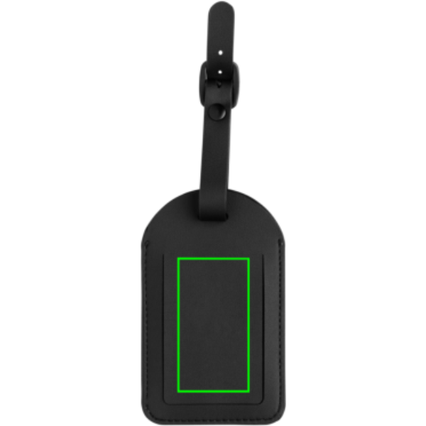 Standskizze: Druckverfahren CO2 Gravur auf Position „Artikel Rückseite (max. 35 x 65 mm)“ – Globefind Dual RCS Gepäckanhänger mit Apple Find My & Android Find Hub