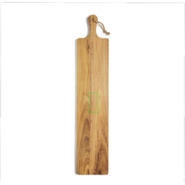 Standskizze: Druckverfahren CO2 Gravur auf Position „Schneidebrett (max. 80 x 40 mm)“ – VINGA Buscot langes Servierbrett aus FSC-Teakholz, 75 cm, mit Logo-Gravur