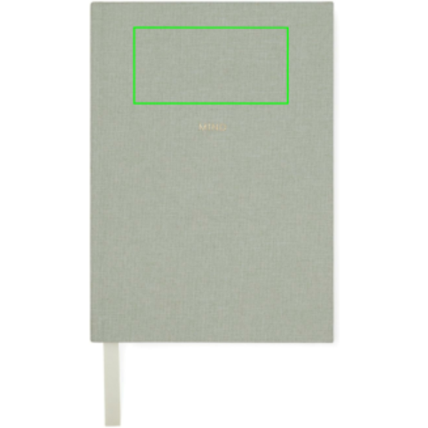 Standskizze: Druckverfahren Digital Transfer auf Position „Artikel Vorderseite oben (max. 100 x 50 mm)“ – VINGA Mind Notizbuch A5 mit 73 % GRS-Recyclingpapier, bedruckbar