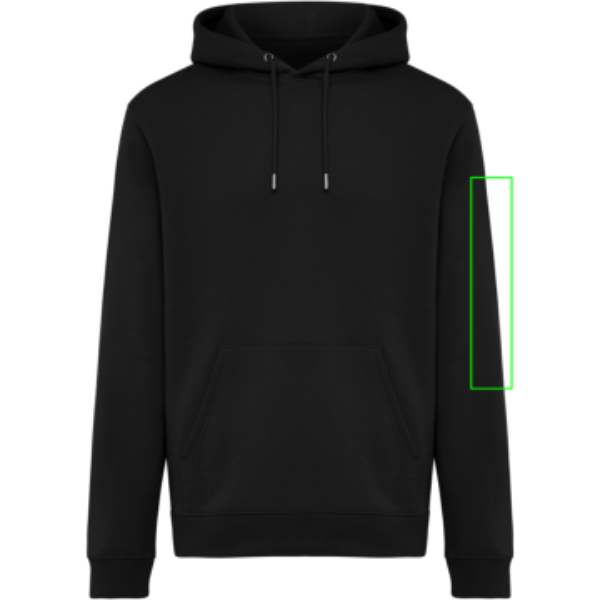 Standskizze: Druckverfahren Digital Transfer auf Position „Ärmel links“ – IQONIQ Joshua Hoodie 340 g/m² aus Bio- und recycelter Baumwolle – mit Logo bestickbar und bedruckbar