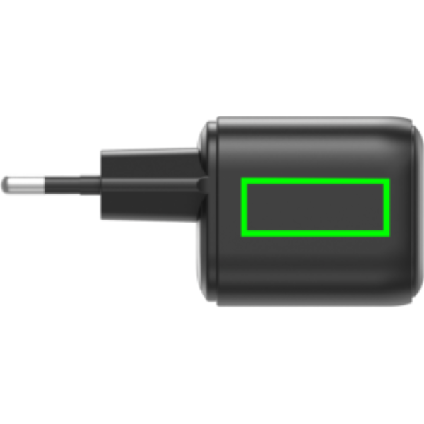 Standskizze: Druckverfahren Tampondruck auf Position „Artikelseite links (max. 25 x 10 mm)“ – Urban Vitamin Livermore 100W GaN-Ladegerät mit USB-C und USB-A – mit Logo bedruckbar