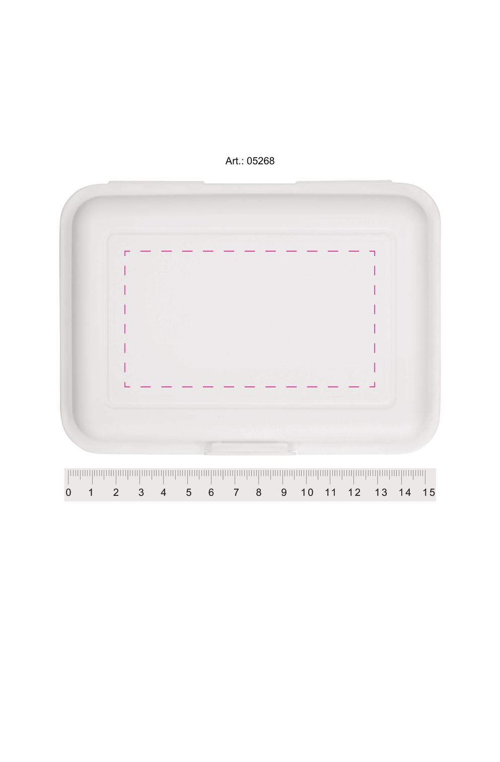 Standskizze: Druckposition „auf Deckel (max. 105×57 mm)“ – Vorratsdose School-Box Junior – Kunststoff 160 × 117 mm mit Klickverschluss