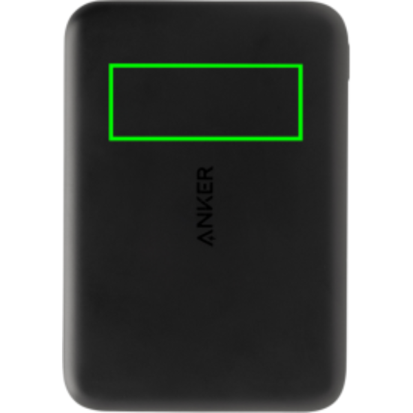 Standskizze: Druckverfahren Tampondruck auf Position „Artikel Rückseite oben (max. 50 x 20 mm)“ – Anker Nano Wireless Powerbank 5.000 mAh, magnetisch Qi2 15 W, bedruckbar mit Logo