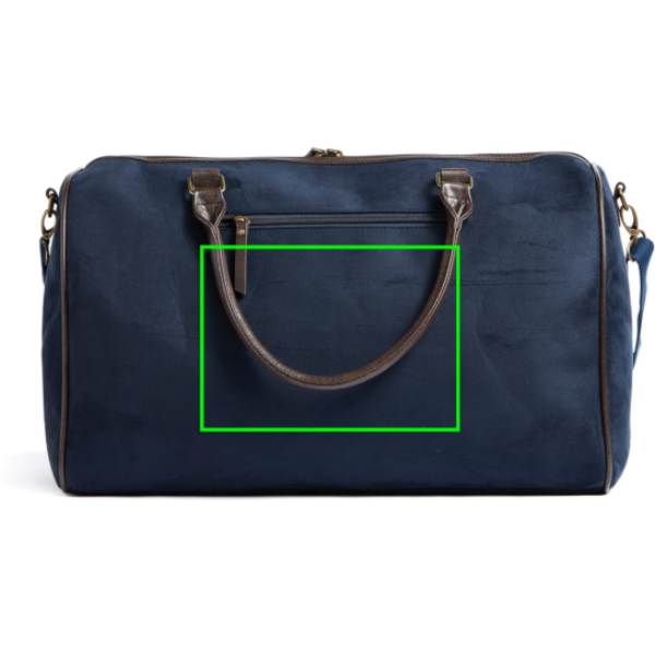 Standskizze: Druckverfahren Siebdruck Transfer auf Position „Artikel Rückseite (max. 250 x 180 mm)“ – VINGA Hunton Weekendbag in Wildlederoptik mit Messingdetails — bedruckbar
