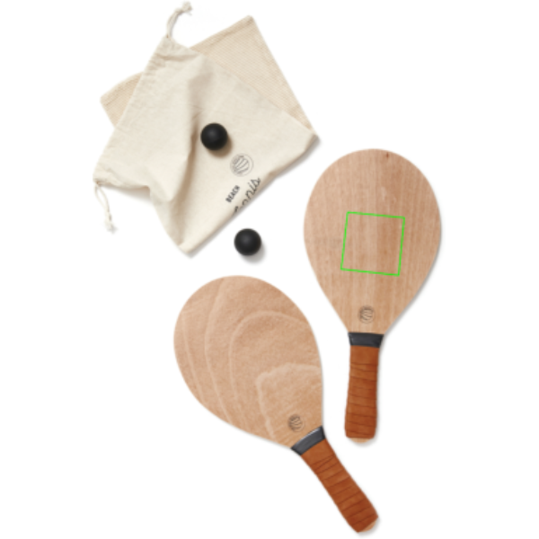 Standskizze: Druckverfahren CO2 Gravur auf Position „Artikel (max. 80 x 80 mm)“ – Vinga Colos Beach-Tennis-Set aus Pappelholz mit Logo-Veredelung