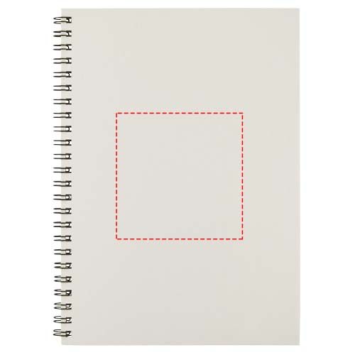 Standskizze: Druckverfahren Farbprägung auf Position „Vorderseite“ – Desk-Mate® A5 recyceltes farbiges Notizbuch mit Spiralbindung