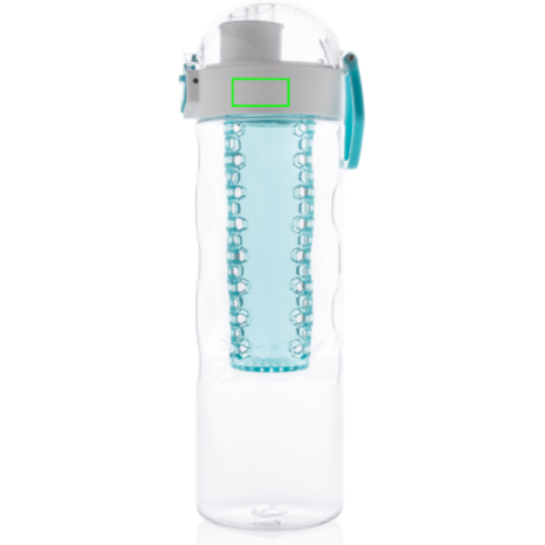 Standskizze: Druckverfahren Tampondruck auf Position „Artikel linke Seite oben (max. 30 x 15 mm)“ – XD Xclusive Honeycomb Aromaflasche 700 ml türkis, Tritan BPA-frei, mit Logo bedruckbar
