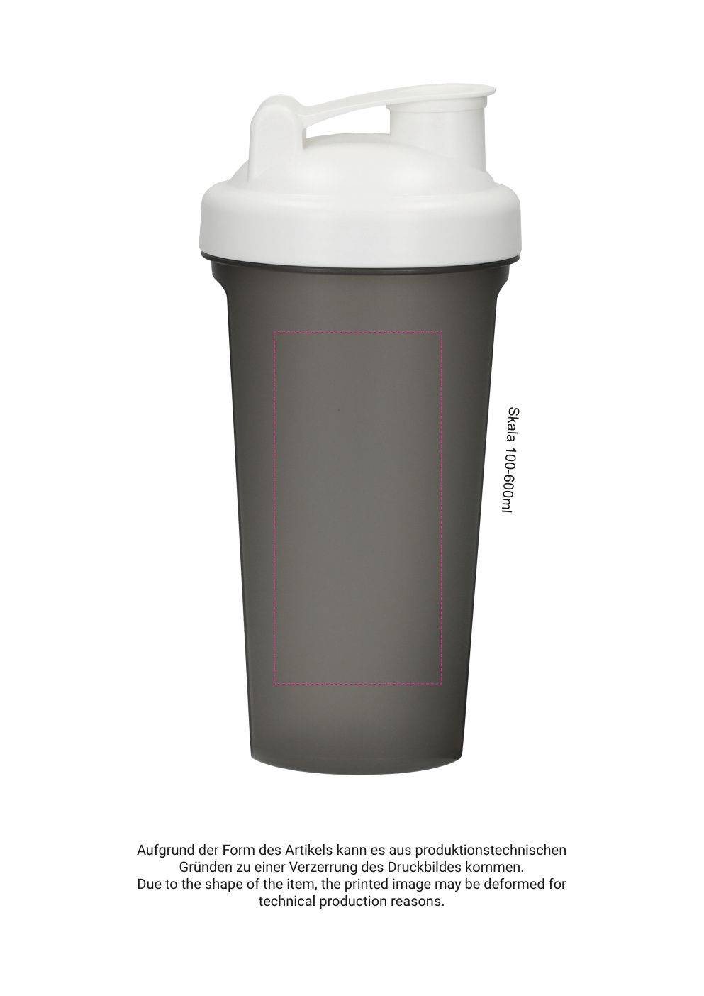 Standskizze: Druckposition „zwischen den abgeflachten Segmenten - links (max. 50×105 mm)“ – Protein-Shaker 600 ml – transparent mit Sieb und Skala