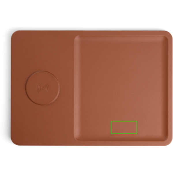 Standskizze: Druckverfahren PU-Etikett Sortino auf Position „Artikel rechte Seite unten (max. 60 x 30 mm)“ – VINGA Timo Wireless Charger 15W mit Ablage aus recyceltem ABS