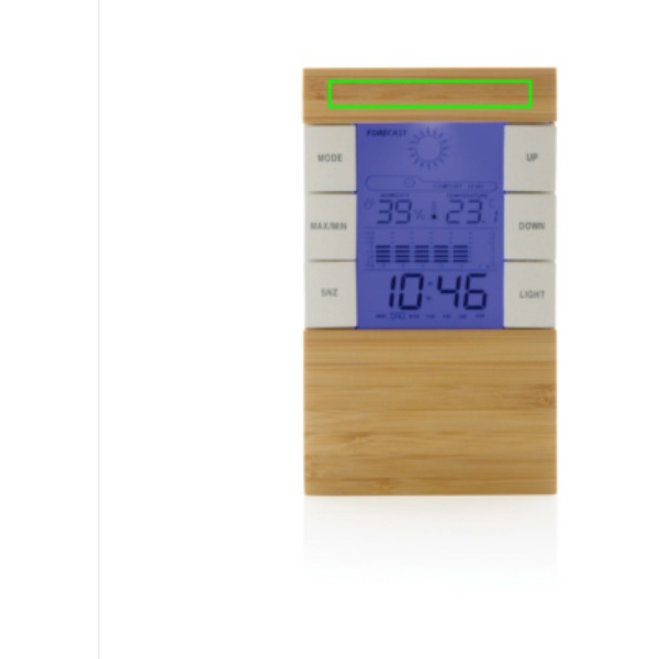 Standskizze: Druckverfahren Tampondruck auf Position „Artikel Vorderseite oben (max. 70 x 10 mm)“ – Utah Wetterstation aus recyceltem ABS und Bambus mit LCD-Display