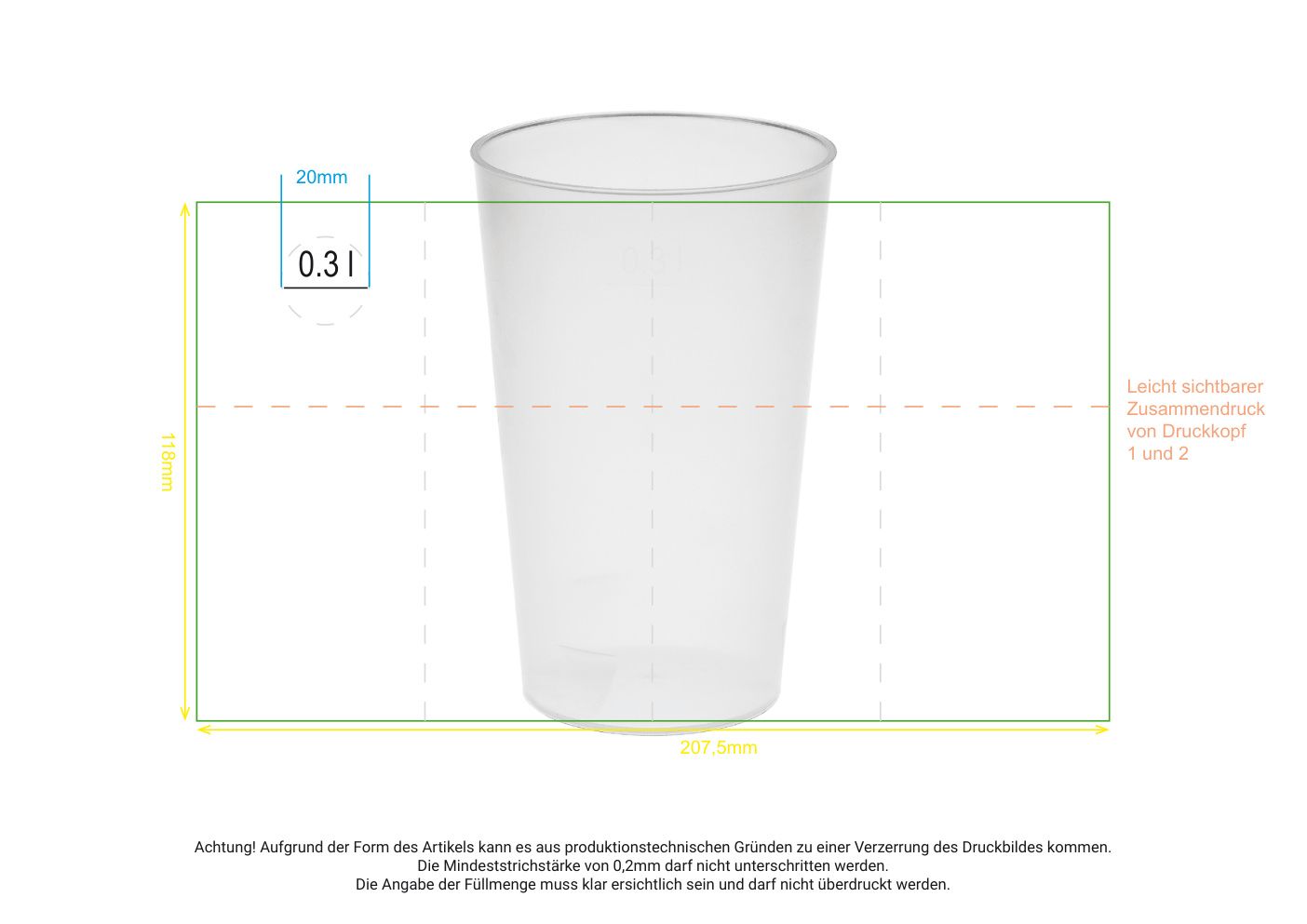Standskizze: Druckposition „rundum (max. 207×118 mm)“ – Trinkbecher Vital 300 ml – Mehrwegbecher mit Eichstrich