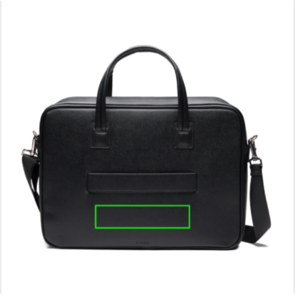 Standskizze: Druckverfahren Siebdruck Transfer auf Position „Artikel Rückseite unten (max. 200 x 50 mm)“ – VINGA Bermond RCS Laptop-Tasche 15 Zoll aus recyceltem Polyester