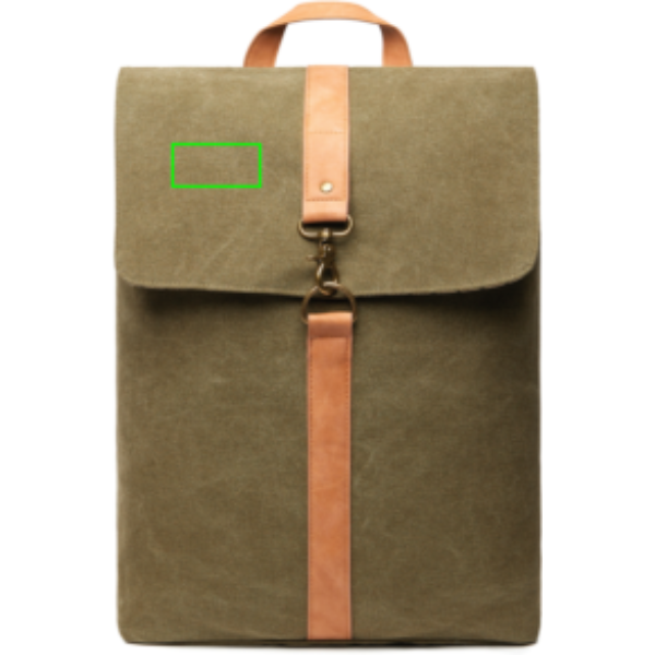 Standskizze: Druckverfahren PU-Etikett Sortino auf Position „Artikeloberseite links“ – VINGA Bosler Laptop-Rucksack 17 Zoll aus GRS-recyceltem Canvas