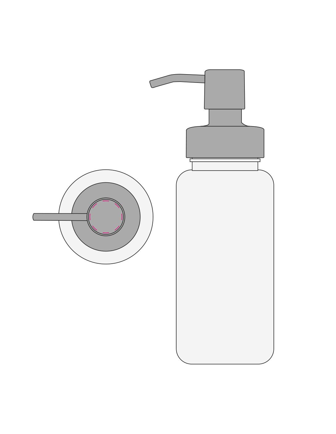 Standskizze: Druckposition „auf Drücker oben (max. Ø 22 mm)“ – Seifenspender Superior 400 ml – Tritan-Gefäß mit Edelstahl-Pumpe