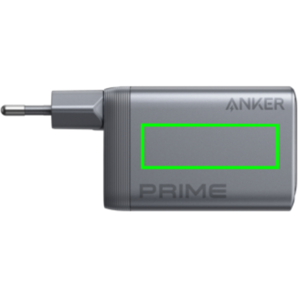 Standskizze: Druckverfahren Tampondruck auf Position „Artikelseite links (max. 45 x 15 mm)“ – Anker Prime GaN-Ladegerät 100 W mit 3 Anschlüssen – mit Logo bedruckbar