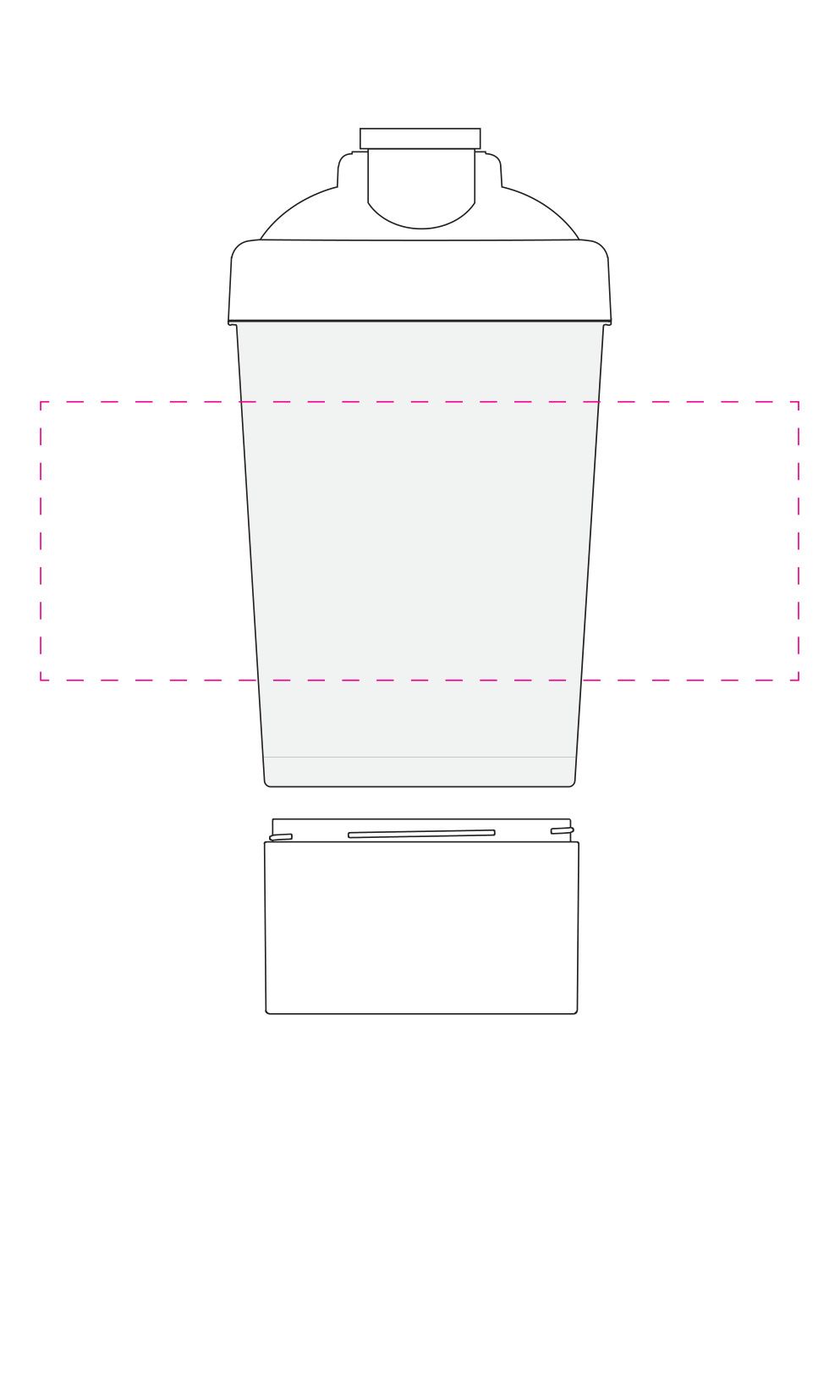 Standskizze: Druckposition „mittig seitlich gegenüber Skala (max. 190×70 mm)“ – Protein-Shaker Pro 1, 0,4 l – mit Pulverfach und Sieb