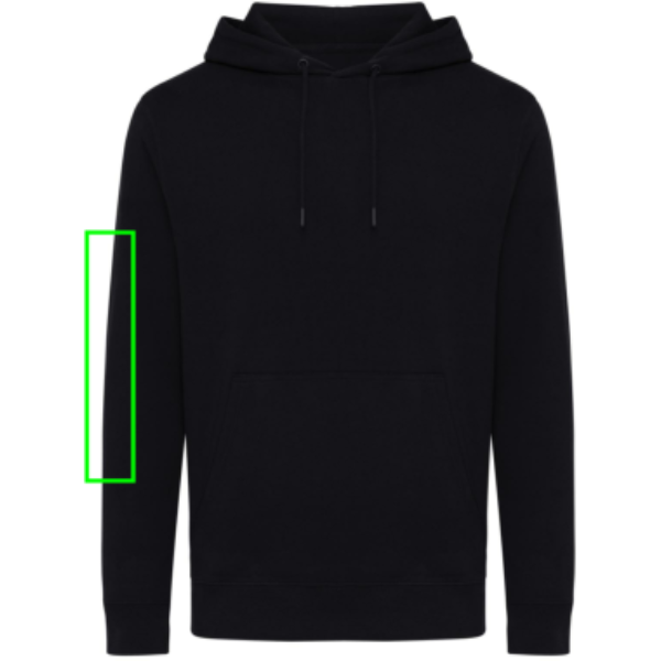 Standskizze: Druckverfahren Digital Transfer auf Position „Ärmel rechts“ – iqoniq Rila Hoodie aus 30 % recycelter und 70 % Bio-Baumwolle, bedruckbar
